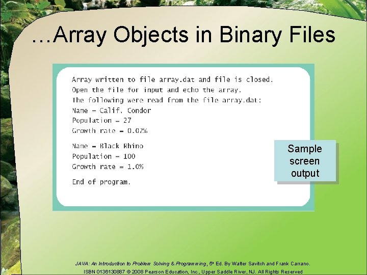 …Array Objects in Binary Files Sample screen output JAVA: An Introduction to Problem Solving