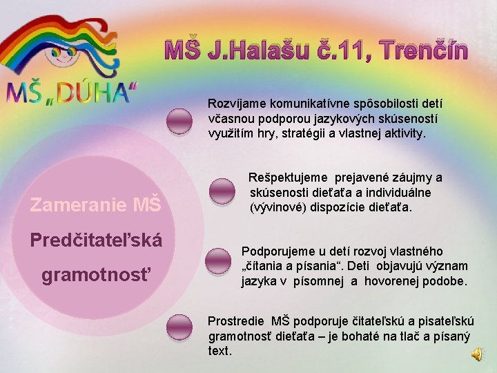 MŠ J. Halašu č. 11, Trenčín Rozvíjame komunikatívne spôsobilosti detí včasnou podporou jazykových skúseností