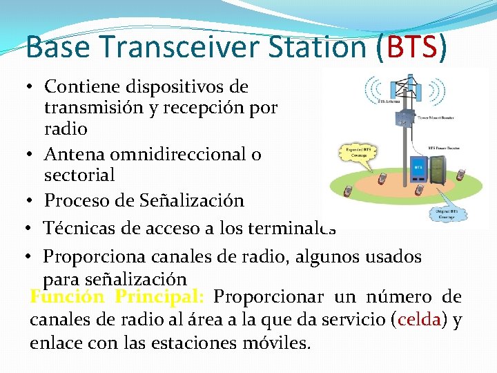 Base Transceiver Station (BTS) • Contiene dispositivos de transmisión y recepción por radio • Base Transceiver Station (BTS) • Contiene dispositivos de transmisión y recepción por radio •