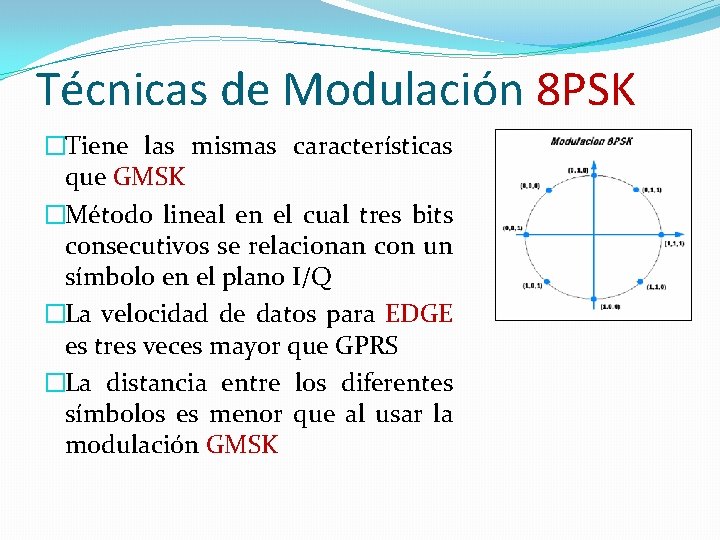 Técnicas de Modulación 8 PSK �Tiene las mismas características que GMSK �Método lineal en Técnicas de Modulación 8 PSK �Tiene las mismas características que GMSK �Método lineal en