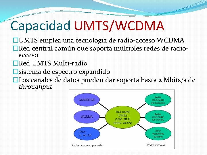 Capacidad UMTS/WCDMA �UMTS emplea una tecnología de radio-acceso WCDMA �Red central común que soporta Capacidad UMTS/WCDMA �UMTS emplea una tecnología de radio-acceso WCDMA �Red central común que soporta