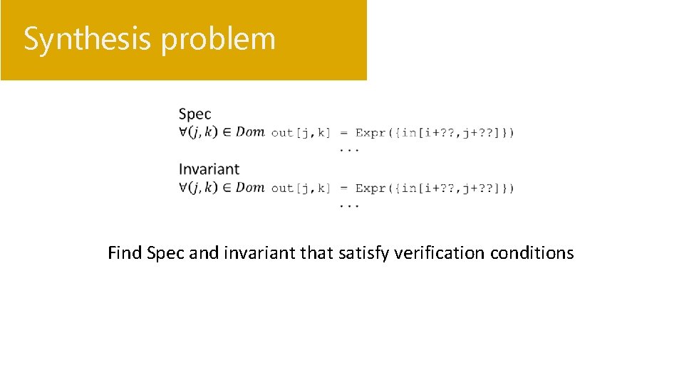 Synthesis problem • Find Spec and invariant that satisfy verification conditions 