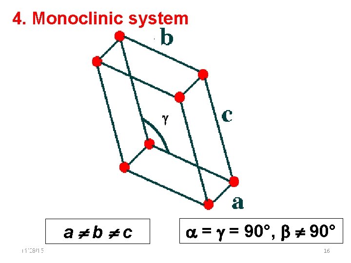 4. Monoclinic system a b c 11/28/15 11/10/2020 = = 90°, 90° 16 16