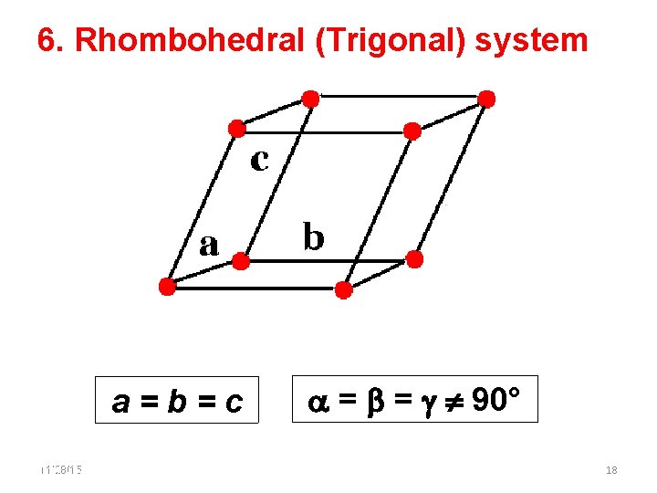 6. Rhombohedral (Trigonal) system a=b=c 11/28/15 11/10/2020 = = 90° 18 18 