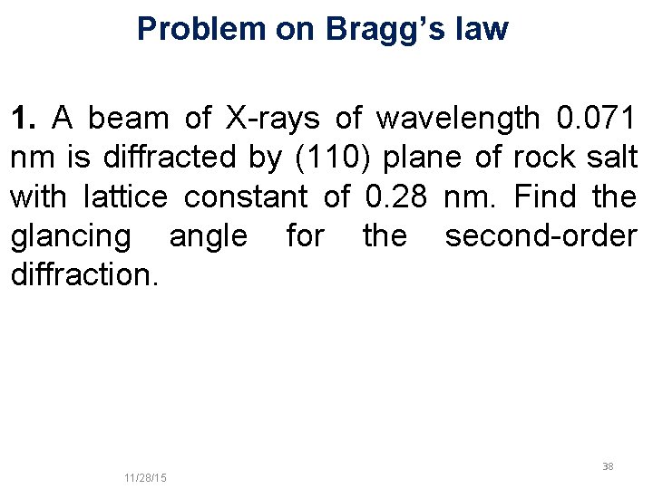 Problem on Bragg’s law 1. A beam of X-rays of wavelength 0. 071 nm