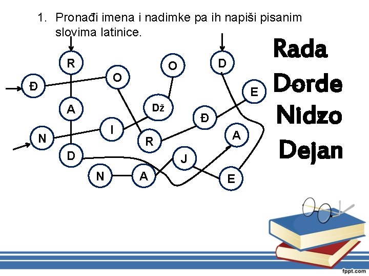 1. Pronađi imena i nadimke pa ih napiši pisanim slovima latinice. R O Đ