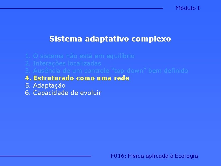 Módulo I Sistema adaptativo complexo 1. O sistema não está em equilíbrio 2. Interações