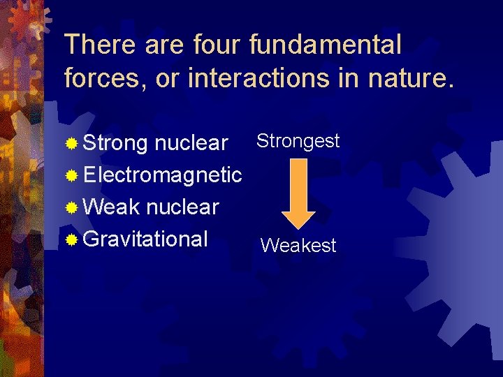 There are four fundamental forces, or interactions in nature. nuclear Strongest ® Electromagnetic ®