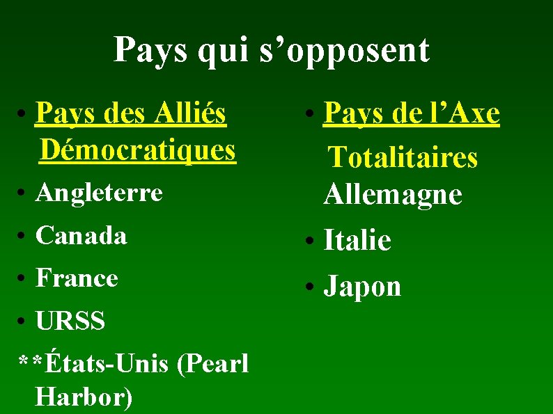 Pays qui s’opposent • Pays des Alliés Démocratiques • Angleterre • Canada • France