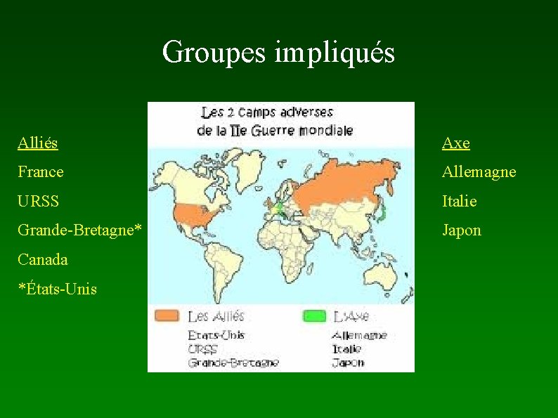 Groupes impliqués Alliés ● Axe France ● Allemagne URSS ● Italie Grande-Bretagne* ● Japon