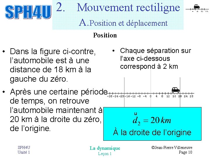 2. Mouvement rectiligne A. Position et déplacement Position • Dans la figure ci-contre, l’automobile 2. Mouvement rectiligne A. Position et déplacement Position • Dans la figure ci-contre, l’automobile