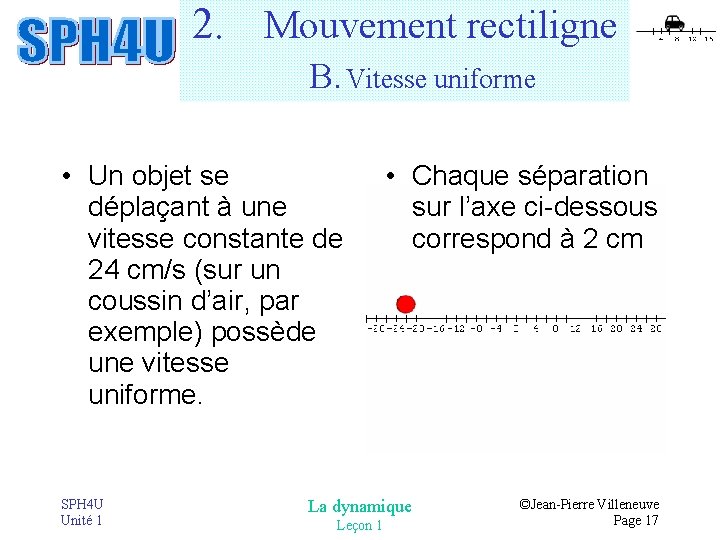 2. Mouvement rectiligne B. Vitesse uniforme • Un objet se déplaçant à une vitesse 2. Mouvement rectiligne B. Vitesse uniforme • Un objet se déplaçant à une vitesse