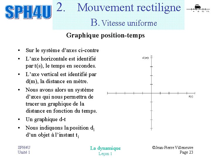 2. Mouvement rectiligne B. Vitesse uniforme Graphique position-temps • Sur le système d’axes ci-contre 2. Mouvement rectiligne B. Vitesse uniforme Graphique position-temps • Sur le système d’axes ci-contre