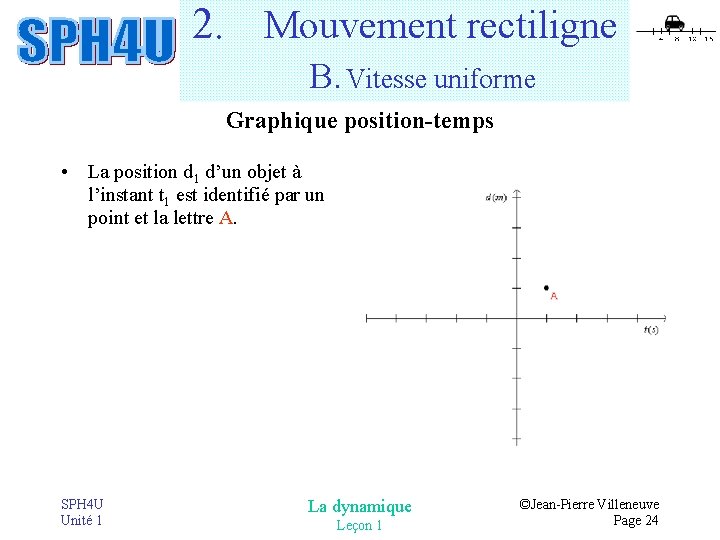 2. Mouvement rectiligne B. Vitesse uniforme Graphique position-temps • La position d 1 d’un 2. Mouvement rectiligne B. Vitesse uniforme Graphique position-temps • La position d 1 d’un
