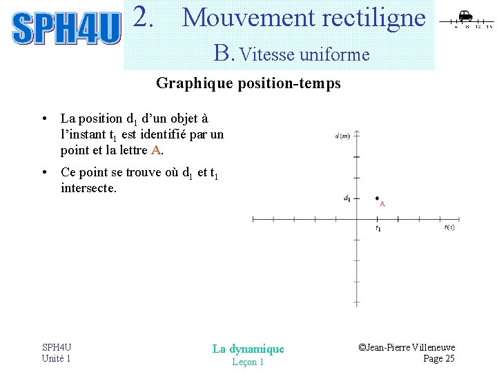 2. Mouvement rectiligne B. Vitesse uniforme Graphique position-temps • La position d 1 d’un 2. Mouvement rectiligne B. Vitesse uniforme Graphique position-temps • La position d 1 d’un