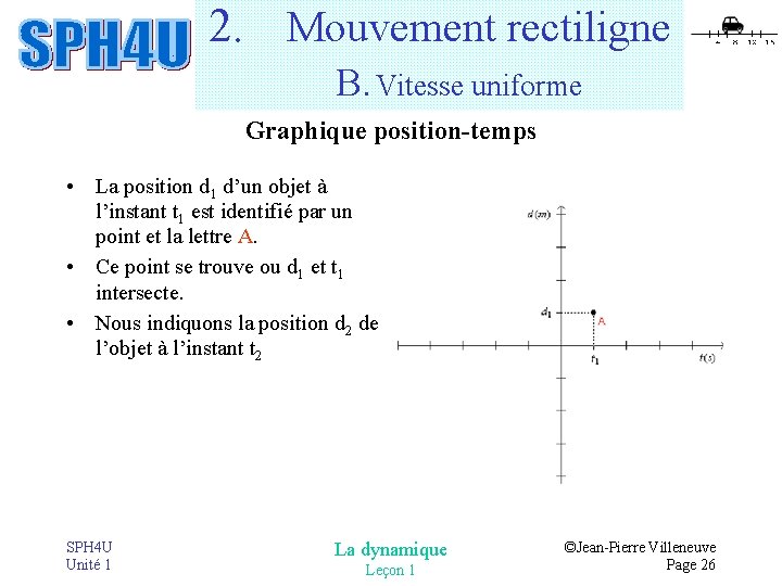 2. Mouvement rectiligne B. Vitesse uniforme Graphique position-temps • La position d 1 d’un 2. Mouvement rectiligne B. Vitesse uniforme Graphique position-temps • La position d 1 d’un