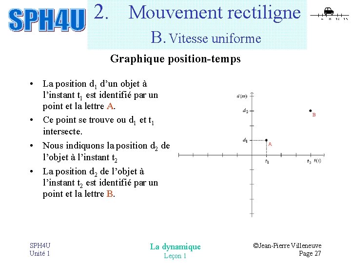 2. Mouvement rectiligne B. Vitesse uniforme Graphique position-temps • La position d 1 d’un 2. Mouvement rectiligne B. Vitesse uniforme Graphique position-temps • La position d 1 d’un