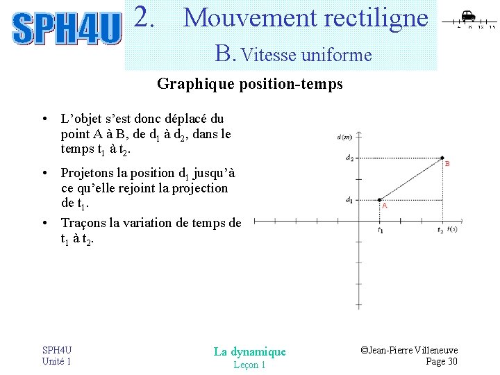 2. Mouvement rectiligne B. Vitesse uniforme Graphique position-temps • L’objet s’est donc déplacé du 2. Mouvement rectiligne B. Vitesse uniforme Graphique position-temps • L’objet s’est donc déplacé du