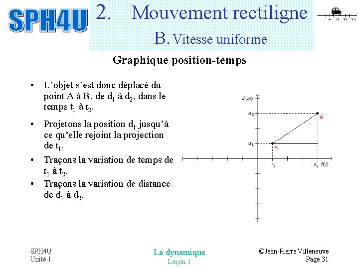 2. Mouvement rectiligne B. Vitesse uniforme Graphique position-temps • L’objet s’est donc déplacé du 2. Mouvement rectiligne B. Vitesse uniforme Graphique position-temps • L’objet s’est donc déplacé du