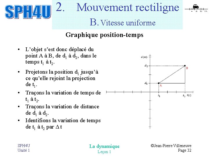 2. Mouvement rectiligne B. Vitesse uniforme Graphique position-temps • L’objet s’est donc déplacé du 2. Mouvement rectiligne B. Vitesse uniforme Graphique position-temps • L’objet s’est donc déplacé du