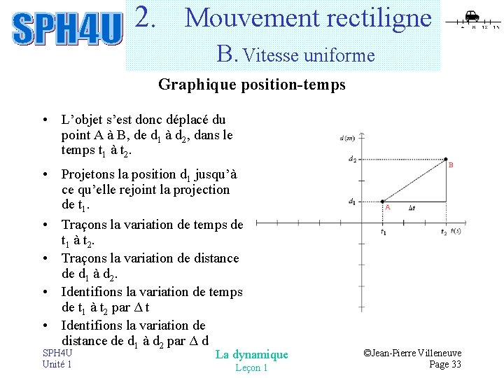 2. Mouvement rectiligne B. Vitesse uniforme Graphique position-temps • L’objet s’est donc déplacé du 2. Mouvement rectiligne B. Vitesse uniforme Graphique position-temps • L’objet s’est donc déplacé du