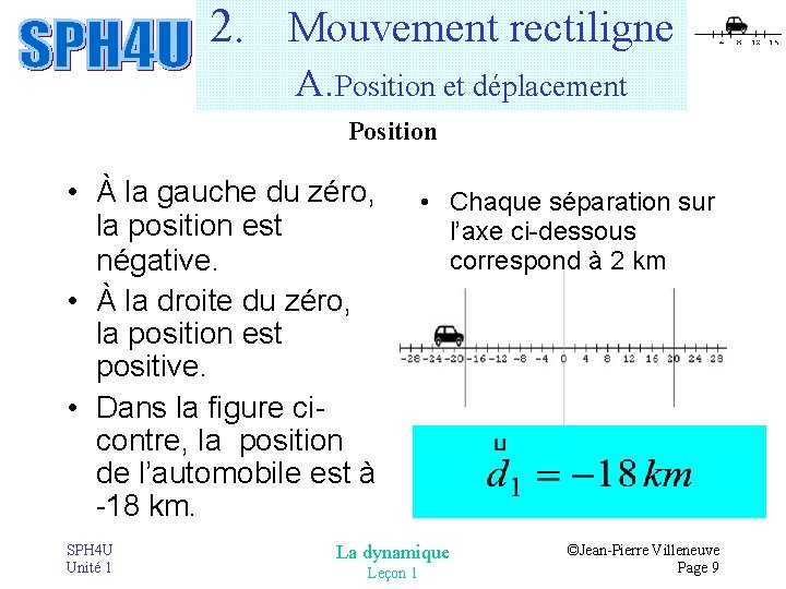 2. Mouvement rectiligne A. Position et déplacement Position • À la gauche du zéro, 2. Mouvement rectiligne A. Position et déplacement Position • À la gauche du zéro,