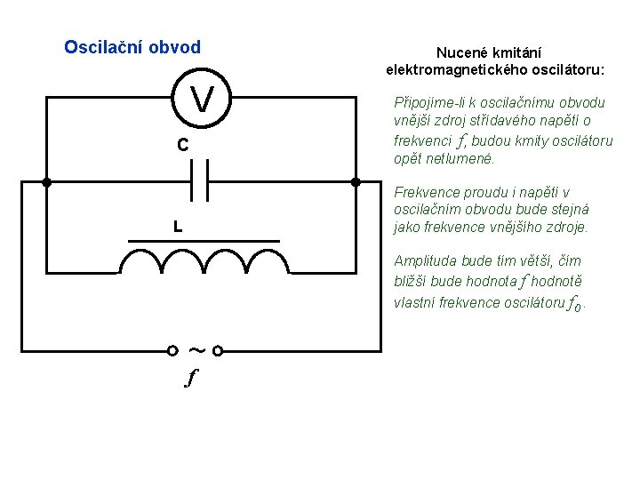 Oscilační obvod V C Nucené kmitání elektromagnetického oscilátoru: Připojíme-li k oscilačnímu obvodu vnější zdroj