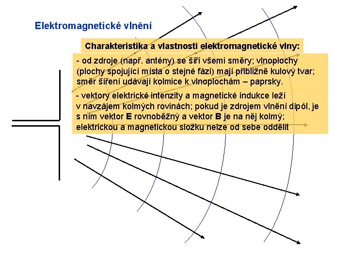 Elektromagnetické vlnění Charakteristika a vlastnosti elektromagnetické vlny: - od zdroje (např. antény) se šíří