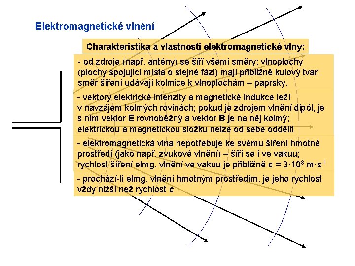 Elektromagnetické vlnění Charakteristika a vlastnosti elektromagnetické vlny: - od zdroje (např. antény) se šíří