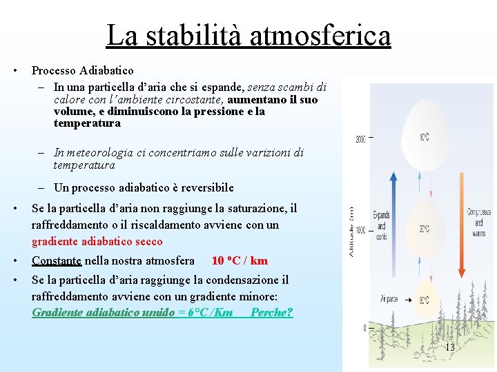 La stabilità atmosferica • Processo Adiabatico – In una particella d’aria che si espande,