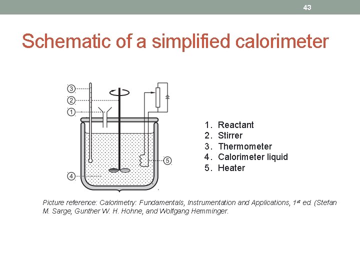 43 Schematic of a simplified calorimeter 1. 2. 3. 4. 5. Reactant Stirrer Thermometer