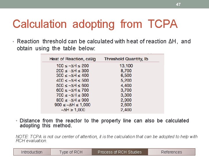 47 Calculation adopting from TCPA • Reaction threshold can be calculated with heat of