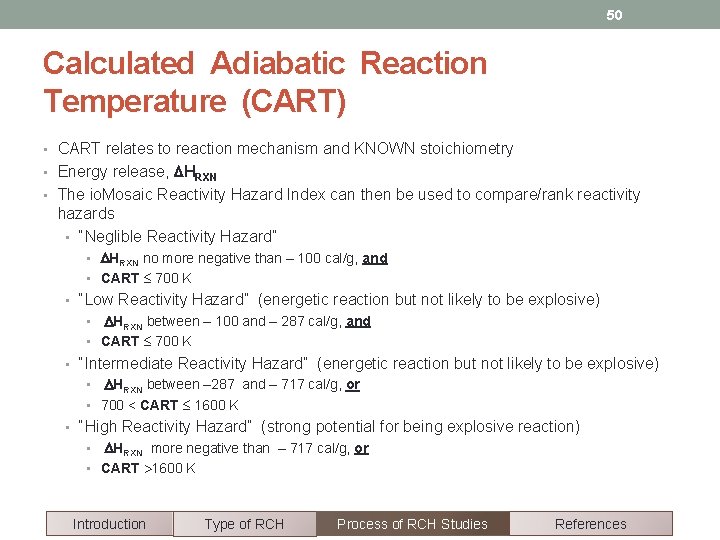 50 Calculated Adiabatic Reaction Temperature (CART) • CART relates to reaction mechanism and KNOWN