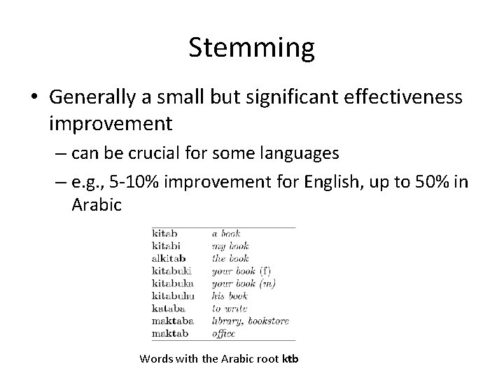 Stemming • Generally a small but significant effectiveness improvement – can be crucial for