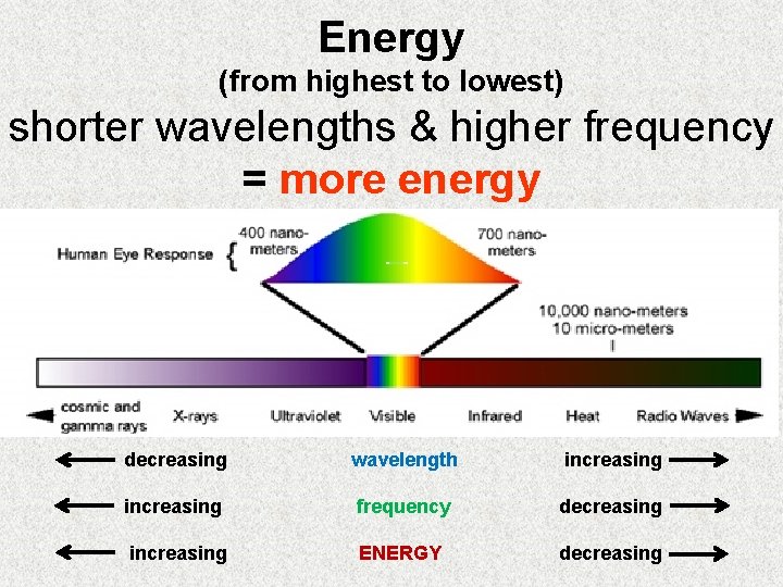 Energy (from highest to lowest) shorter wavelengths & higher frequency = more energy decreasing