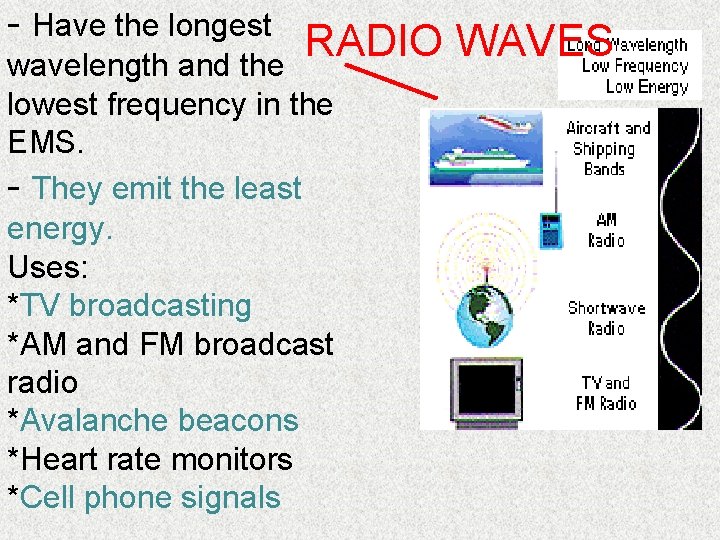 - Have the longest RADIO WAVES wavelength and the lowest frequency in the EMS.