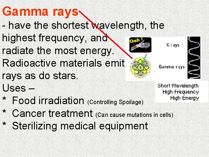 Gamma rays - have the shortest wavelength, the highest frequency, and radiate the most