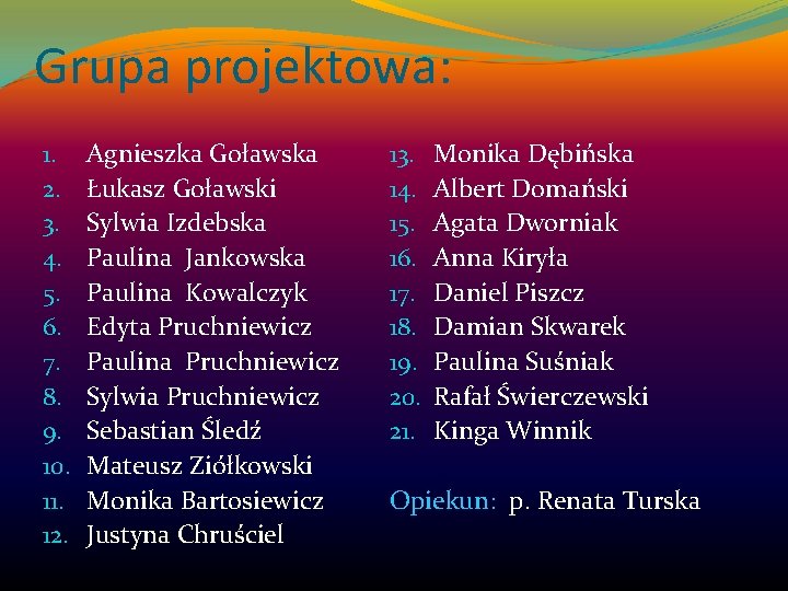 Grupa projektowa: 1. 2. 3. 4. 5. 6. 7. 8. 9. 10. 11. 12.