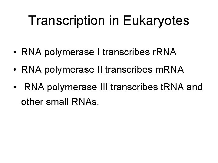 Transcription in Eukaryotes • RNA polymerase I transcribes r. RNA • RNA polymerase II Transcription in Eukaryotes • RNA polymerase I transcribes r. RNA • RNA polymerase II