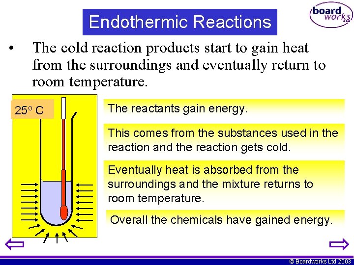 Endothermic Reactions • The cold reaction products start to gain heat from the surroundings