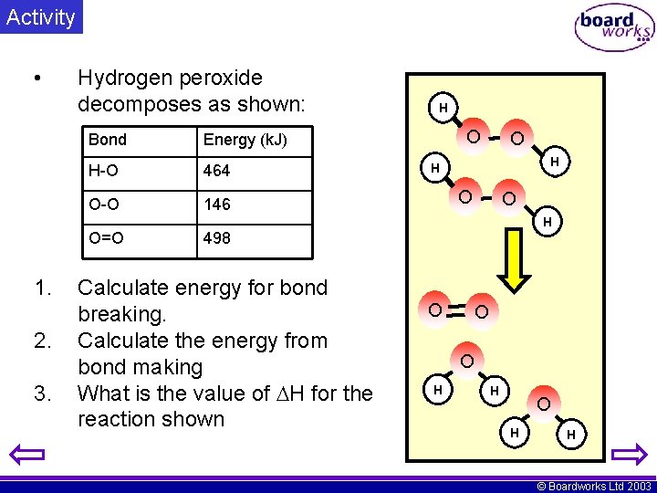 Activity • Hydrogen peroxide decomposes as shown: Bond Energy (k. J) H-O 464 O-O