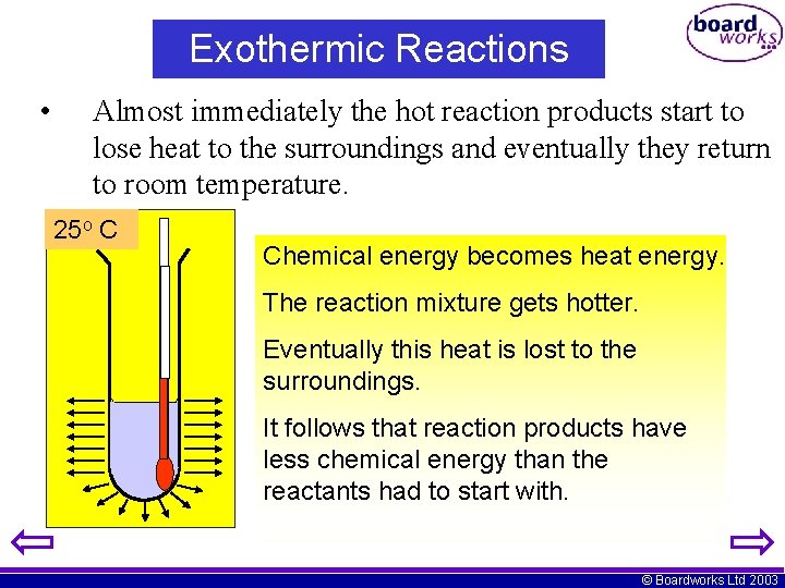 Exothermic Reactions • Almost immediately the hot reaction products start to lose heat to