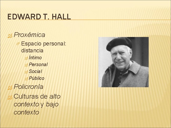 EDWARD T. HALL Proxémica Espacio personal: distancia Íntimo Personal Social Público Policronía Culturas de