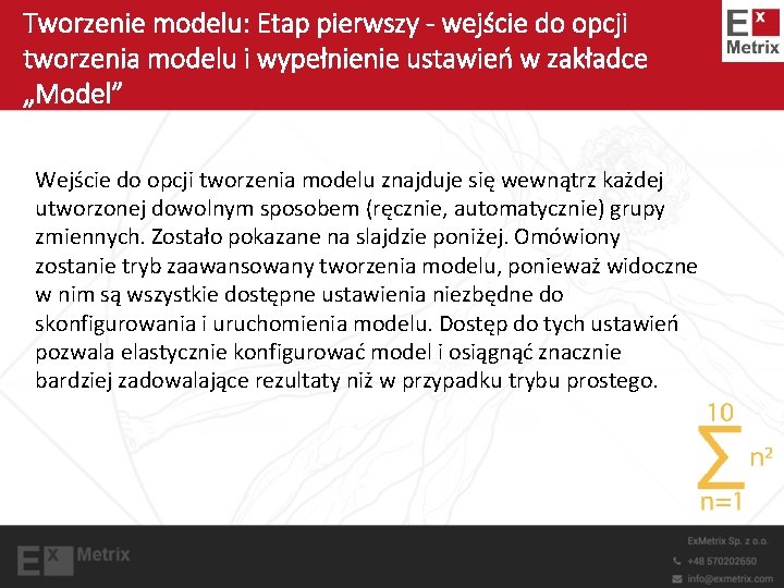 Tworzenie modelu: Etap pierwszy - wejście do opcji tworzenia modelu i wypełnienie ustawień w