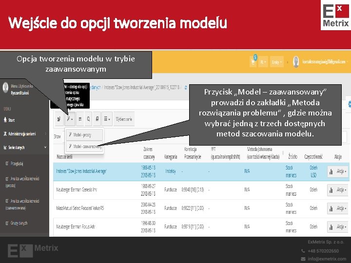 Wejście do opcji tworzenia modelu Opcja tworzenia modelu w trybie zaawansowanym Przycisk „Model –