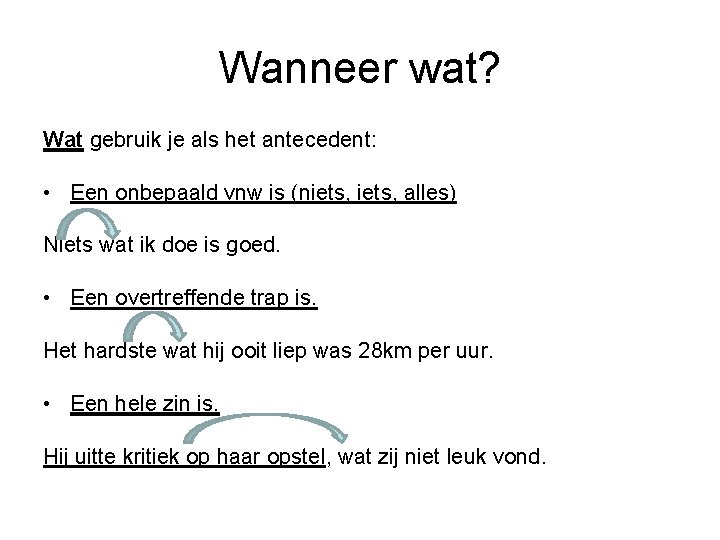 Wanneer wat? Wat gebruik je als het antecedent: • Een onbepaald vnw is (niets,