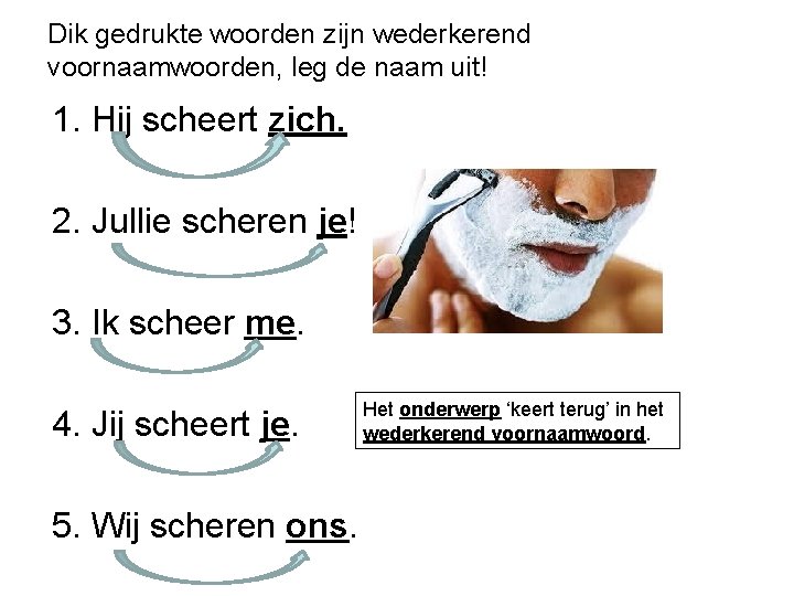 Dik gedrukte woorden zijn wederkerend voornaamwoorden, leg de naam uit! 1. Hij scheert zich.