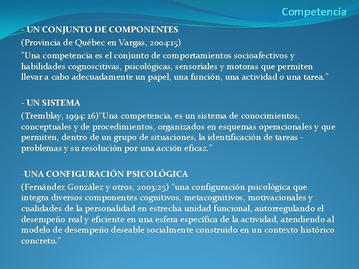 Competencia - UN CONJUNTO DE COMPONENTES (Provincia de Québec en Vargas, 2004: 15) ”Una