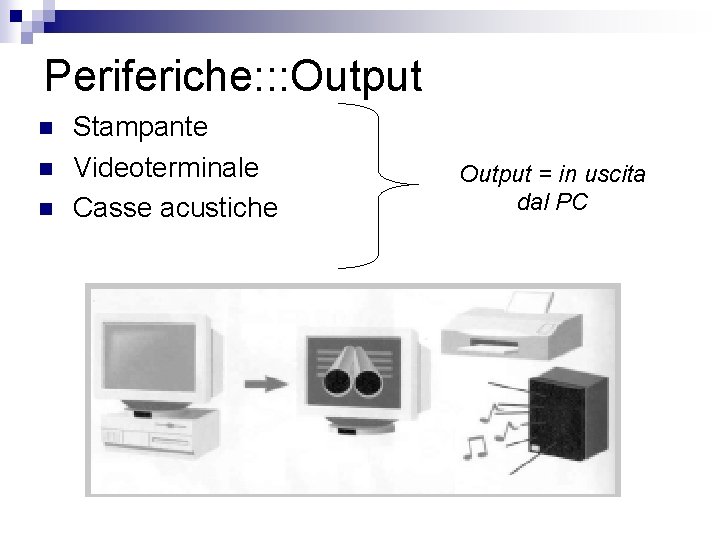 Periferiche: : : Output n n n Stampante Videoterminale Casse acustiche Output = in