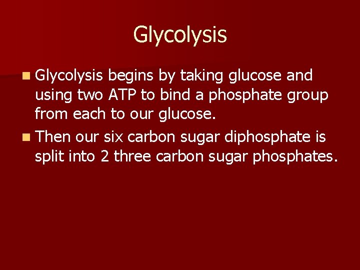 Glycolysis n Glycolysis begins by taking glucose and using two ATP to bind a Glycolysis n Glycolysis begins by taking glucose and using two ATP to bind a